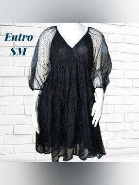 ʕ·ᴥ·ʔ ENTRO Black Babydoll Black Sheer Swiss Dot Tiered V-Neck Mini Dress
